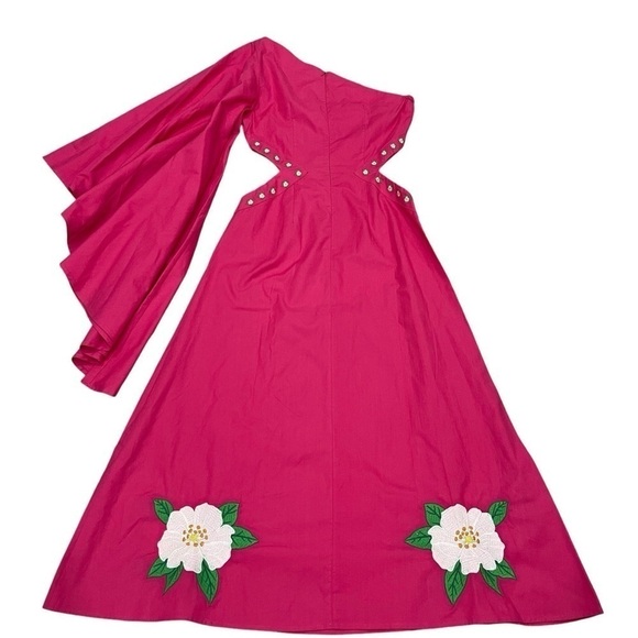 Fanm Mon Amarya One-Shoulder Bell Sleeve Side Cut Out Floral Embroidered Dress - Picture 11 of 16